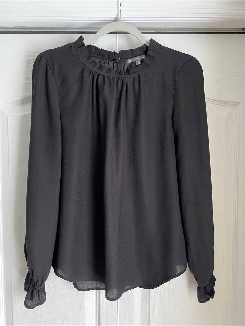 Adrianna Papell Black Long-Sleeve Ruffled-Neck Blouse - Size Small